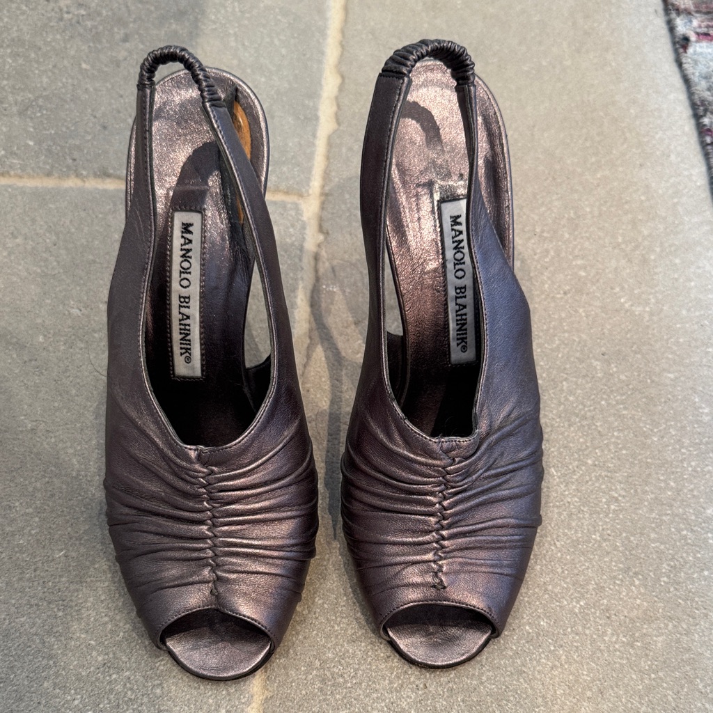 Manolo Blahnik Shimmering Gray Ruched Heels